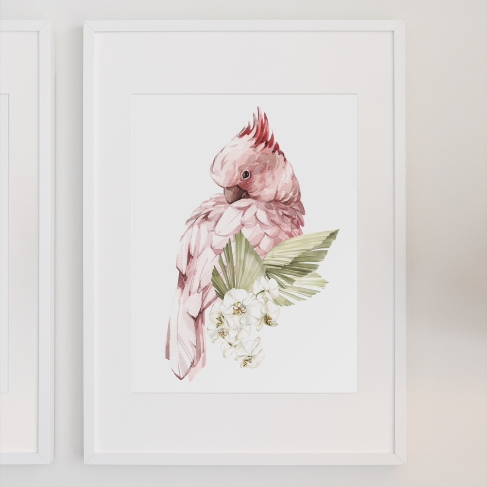 Pink Cockatoo Watercolor Illustration Wall Art Print Unframed - Picture 9 of 11